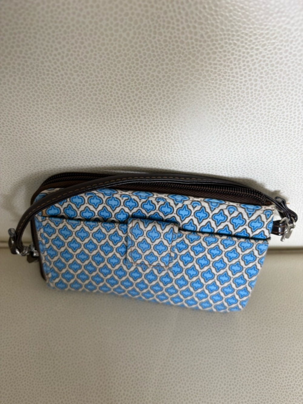 Blue Patterned Crossbody Bag with Brown Trim